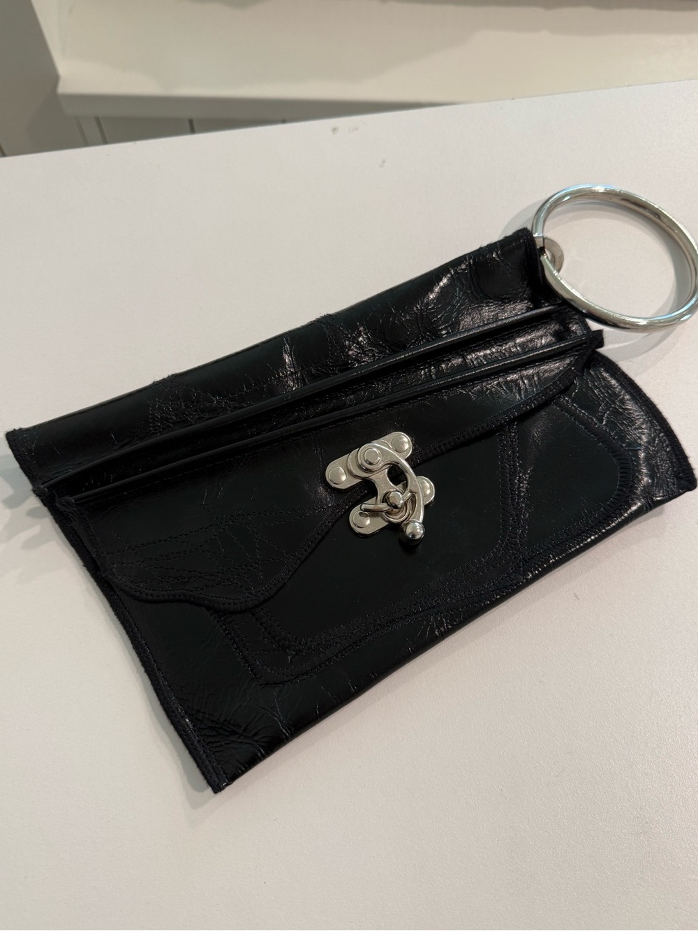 Artisan Handmade clutch Black Leather Silver